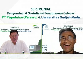 Penyerahan alat deteksi Covid-19 bernama GeNose C-19 buatan Universitas Gajah Mada. Penyerahan dilakukan secara simbolis oleh Rektor UGM Panut Mulyono kepada Direktur Utama Pegadaian Kuswiyoto secara virtual.