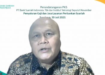 Wakil Rektor II ITS Ir Mas Agus Mardyanto ME PhD memberika  sambutannya dalam acara penandatanganan PKS antara ITS dengan Bank Syariah  Indonesia (BSI).