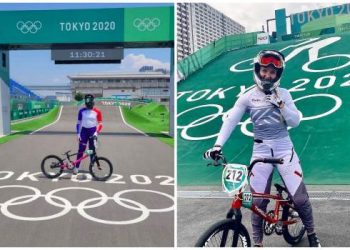 (dari kiri) Axelle Etienne asal Latvia dan Vineta Peterson asal Prancis yang merupakan atlet BMX pada Olimpiade Tokyo 2020.