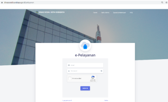 Tampilan e-pelayanan Dinas Sosial Pemkot Surabaya. Melalui layanan ini, mengurus SKM nonkesehatan tidak perlu lagi datang ke kantor kelurahan.