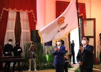 Prosesi pelantikan dan pengukuhan pengurus BPD HIPMI Jatim masa bakti 2021-2024 di Gedung Negara Grahadi Surabaya.