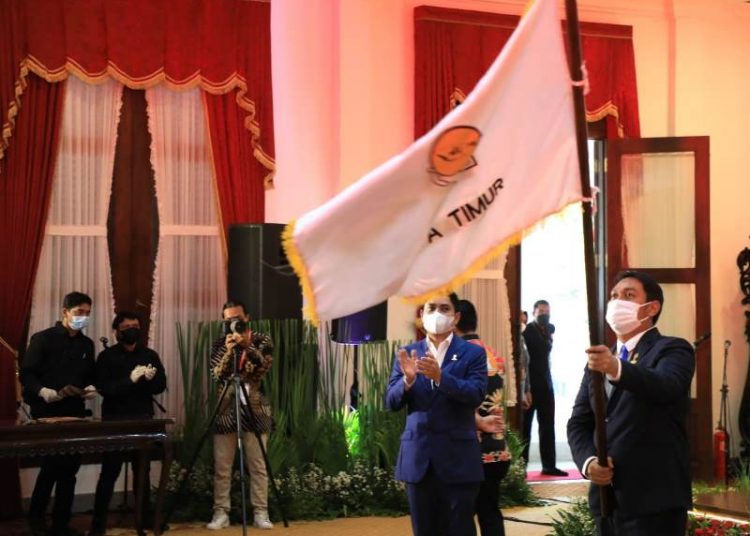 Prosesi pelantikan dan pengukuhan pengurus BPD HIPMI Jatim masa bakti 2021-2024 di Gedung Negara Grahadi Surabaya.