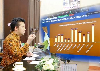 Wakil Gubernur Jatim Emil Elestianto Dardak saat mengikuti Webinar Festival Ekonomi Syariah 2021 (FESyar) bertemakan Penguatan Literasi Ekonomi dan Keuangan Syariah Dalam Mendukung Strategi Nasional Keuangan di ruang kerja di gedung Negara Grahadi Surabaya.