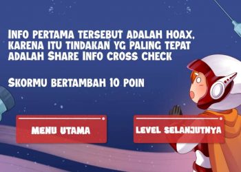 Tampilan game Pramana Sahwahita, hasil rancangan Tim Abmas ITS, dalam proses pembuktian hoaks yang berada di masyarakat.