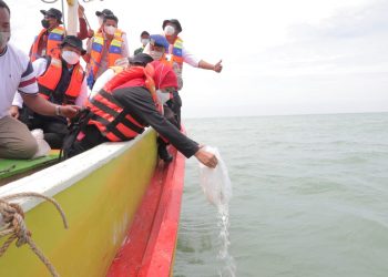 Gubernur Jatim Khofifah Indar Parawansa dan rombongan melakukan tabur benih daam beach clean up.