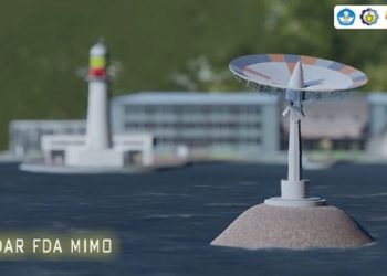 Ilustrasi rancangan model Radar FDA MIMO yang melacak kapal di wilayah perairan dengan memanfaatkan gelombang elektromagnetik.