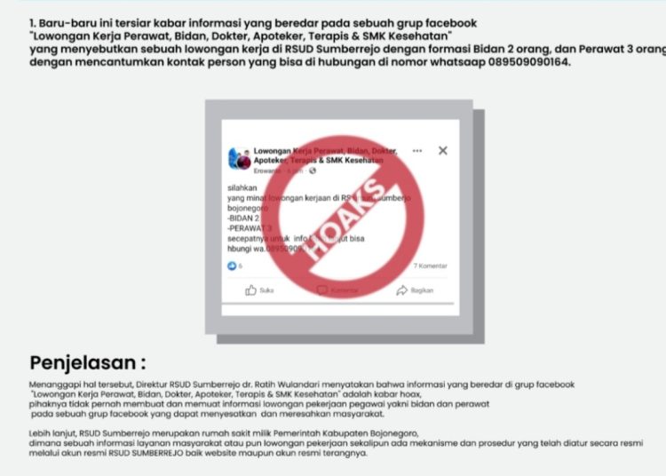 Beredar informasi RSUD Sumberrejo membutuhkan formasi bidan 2 orang, dan perawat 3 orang. Instansi terkait menyatakan informasi itu tidak benar.