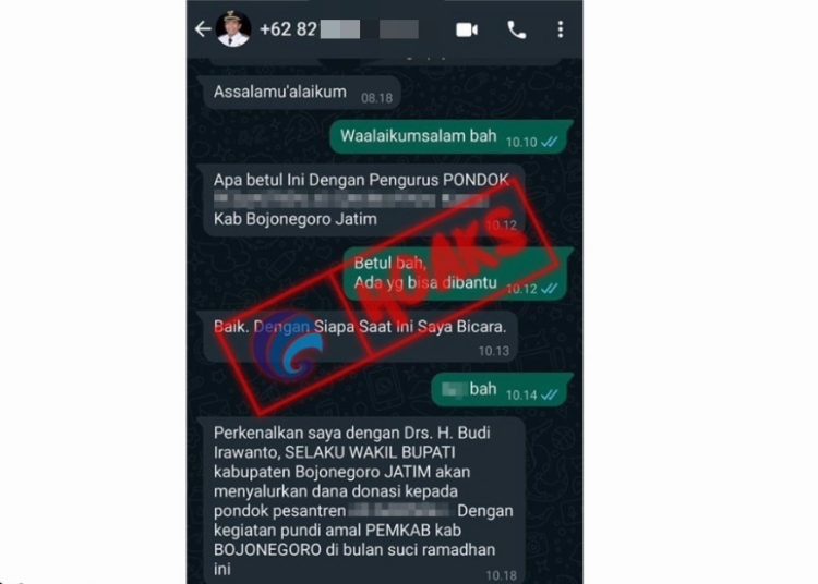 Tangkapan layar chat nomor yang menggunakan foto wakil bupati Bojonegoro dengan kedok akan menyalurkan bantuan.