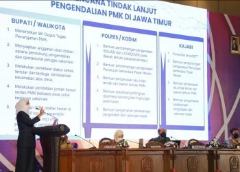 Gubernur Jawa Timur Khofifah Indar Parawansa dalam rakor percepatan penanggulangan Penyakit Mulut dan Kuku (PMK) pada hewan ternak di Ballroom Hotel Grand Mercure Kota Malang.