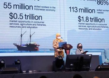 Gubernur Jawa Timur Khofifah Indar Parawansa menjadi pembicara Seminar Indonesia Emas 2045 di Auditorium Gedung Q, Universitas Kristen (UK) Petra.