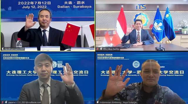 Perwakilan masing-masing institusi berfoto secara daring bersama Yaya Sutarya selaku Atase Pendidikan, Kebudayaan, Riset dan Teknologi KBRI di Beijing (kanan bawah).