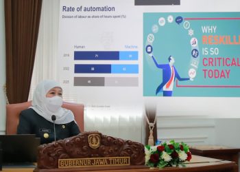 Gubernur Jawa Timur Khofifah Indar Parawansa saat membuka Guru dan Tenaga Kependidikan/GTK Creative Camp (GCC) Batch 3 tahun 2022 secara daring.