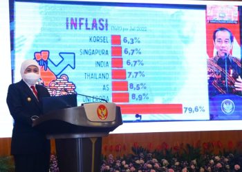 Gubernur Jawa Timur Khofifah Indar Parawansa saat membuka Pelatihan Kepemimpinan Nasional (PKN) Tingkat II Angkatan XXIV Tahun 2022 di Coorporate University BPSDM Prov Jatim, Surabaya.