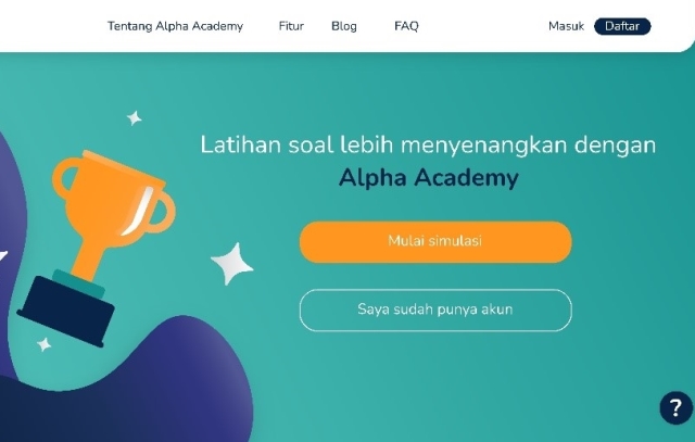 Tampilan homepage Alpha Academy, gagasan tim mahasiswa ITS yang berhasil raih prestasi di ajang Kewirausahaan Mahasiswa Indonesia (KMI) 2022.