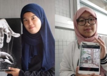(dari kiri) Aqila Ramadhani dan Dima Noor Virgiani, dua mahasiswa DKV ITS menunjukkan karyanya yang berhasil dipamerkan di Jeju, Korea.