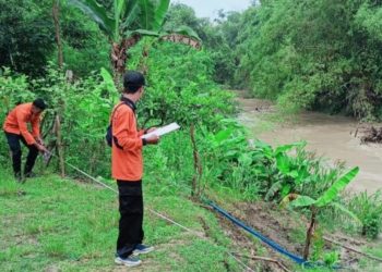 Personel Badan Penanggulangan Bencana Daerah (BPBD) melakukan pengecekan bencana tanah longsor di kawasan sungai.