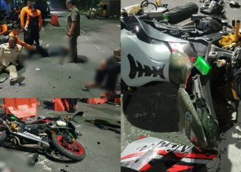 Beberapa foto pasca kejadian kejadian kecelakaan yang mengakibatkan tiga orang petugas Satpol PP Kota Surabaya mengalami luka-luka saat bertugas melakukan penyekatan barrier di Jalan Diponegoro, Kelurahan Darmo, Kecamatan Wonokromo, Surabaya.