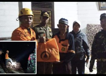 Penyerahan bantuan kepada warga RT 04 RW 02 Dusun Semen Desa Semenpinggir Kecamatan Kapas yang rumahnya terkena angin kencang dan asesmen yang dilakukan BPBD Bojonegoro pasca kejadian yang membuat dapur ambruk (insert).