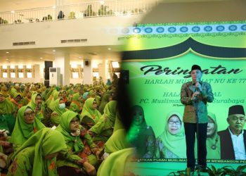 Wali Kota Surabaya Eri Cahyadi dan suasana peringatan Harlah Muslimat Nahdlatul Ulama (NU) ke-77 dan Halalbihalal PC Muslimat NU Kota Surabaya, di Masjid Raya Islamic Center Surabaya.