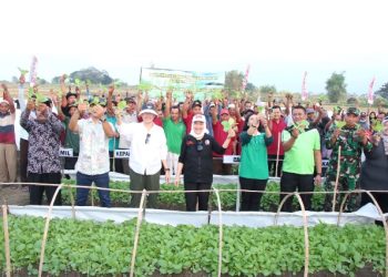 Bupati Bojonegoro Anna Mu’awanah di sela pembagian bibit tembakau yang dilaksanakan di Desa Megale, Kecamatan Kedungadem.