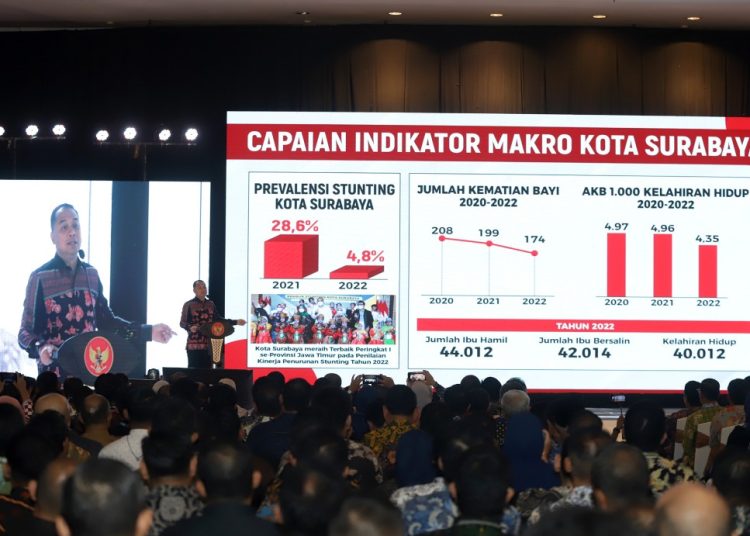 Wali Kota Surabaya Eri Cahyadi memberikan paparan digitalisasi pelayanan publik di Pemkot Surabaya dalam Forum Smart City Nasional 2023 yang digelar di ballroom Shangri-La Hotel Surabaya.