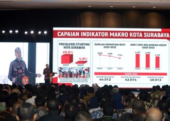 Wali Kota Surabaya Eri Cahyadi memberikan paparan pelayanan berbasis digital dalam Forum Smart City Nasional 2023 di ballroom Shangri-La Hotel, Surabaya.