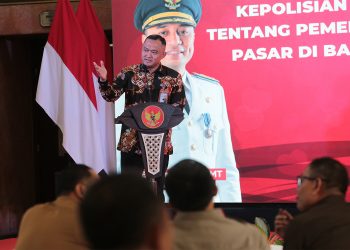Direktur utama PD Pasar Surya Agus Priyo menyampaikan hubungan kerja sama antara PD Pasar dengan Polrestabes Surabaya.