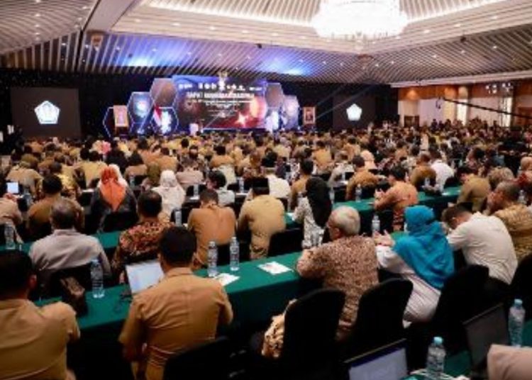 Suasana Rapat Koordinasi Nasional Kick Off Pelaksanaan Program Penguatan Pemerintahan dan Pembangunan Desa Tahun 2023 di Grand Sahid Jaya Hotel, Jakarta.