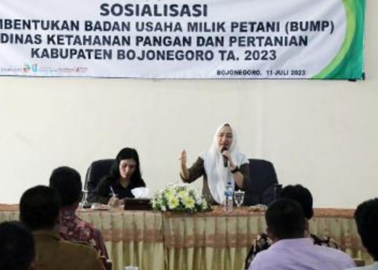 Bupati Bojonegoro Anna Mu’awanah dalam acara sosialisasi pembentukan BUMP di aula pertemuan Dinas Ketahanan Pangan dan Pertanian Bojonegoro.