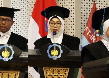 (dari kiri) Prof Dr Wahyu Wibowo SSi MSi, Prof Dr Katherin Indriawati ST MT, dan Prof Dr Trihastuti Agustinah ST MT saat menyampaikan orasi ilmiahnya masing-masing.