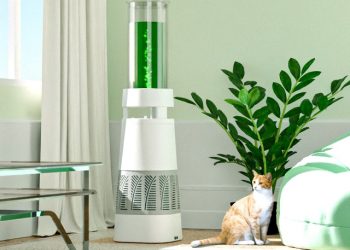 Ilustrasi air purifier berbasis mikroalga bernama Ohau, karya sivitas akademika ITS, yang ditempatkan di dalam ruangan.