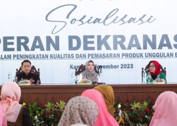 Sosialisasi peran Dekranasda dalam peningkatan kualitas dan pemasaran produk Bojonegoro tahun 2023 bersama pelaku UMKM di Pendopo Malowopati.