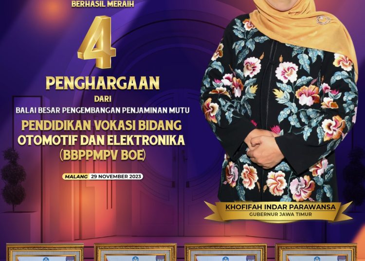 Gubernur Khofifah berhasil memborong empat penghargaan sekaligus dari Balai Besar Pengembangan Penjaminan Mutu Pendidikan Vokasi (BBPPMPV)