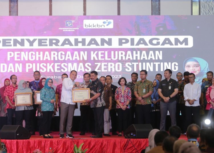 Penyerahan penghargaan oleh Wali Kota Surabaya Eri Cahyadi kepada kelurahan yang sudah zero sunting.