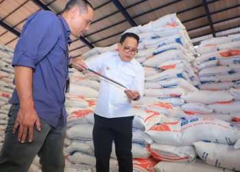 Pj Gubernur Jawa Timur Adhy Karyono saat meninjau stok beras di gudang Bulog Banjar Kemantren Buduran, Sidoarjo.