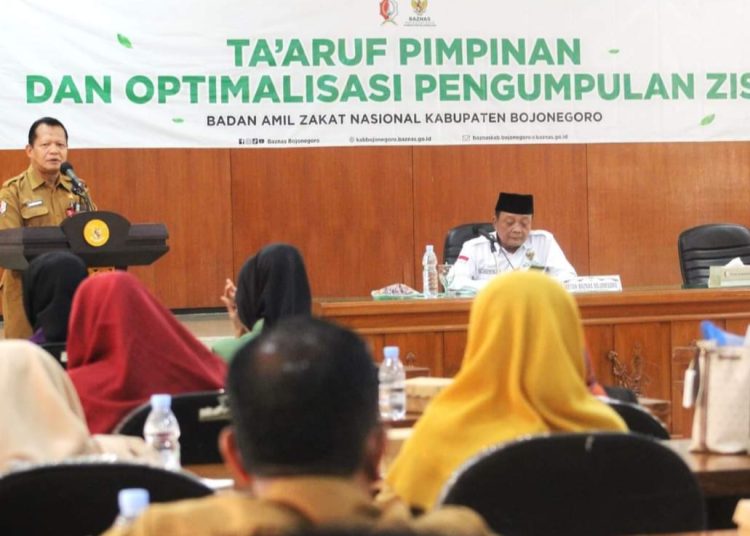 Ta’aruf pimpinan dan optimalisasi pengumpulan zakat, infaq dan sodakoh yang digelar di gedung Angling Dharma lantai 2 gedung Pemkab Bojonegoro.