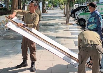 Penertiban reklame oleh personel Satpol PP Surabaya.