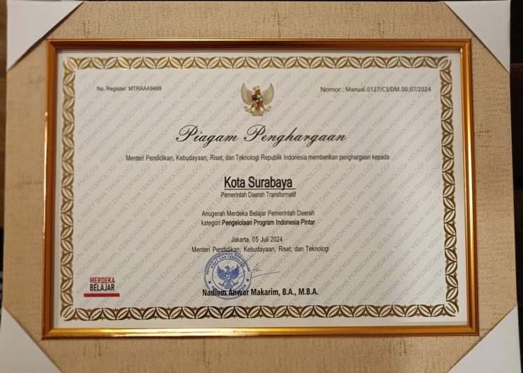 Piagam Penghargaan Anugerah Merdeka Belajar 2024 dari Kementerian Pendidikan