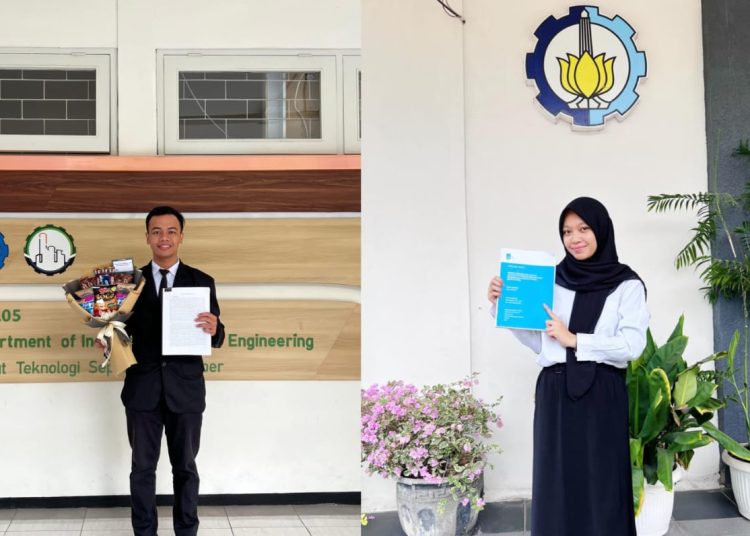 M Aldi Nugroho (kiri) dan Renata Zahabiya (kanan) saat usai menjalani sidang Tugas Akhir di ITS.