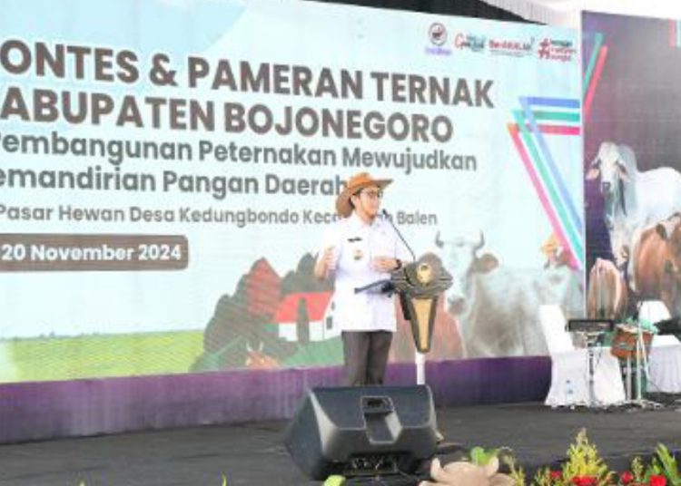 Pj Bupati Bojonegoro Adriyanto pada kontes dan pameran ternak tahun 2024 di pasar hewan Desa Kedungbondo, Kecamatan Balen.