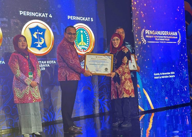Pjs Wali Kota Surabaya, Restu Novi Widiani menerima penghargaan Kota Surabaya atas Predikat Kepatuhan Penyelenggaraan Pelayanan Publik 2024 dari Ombudsman RI.