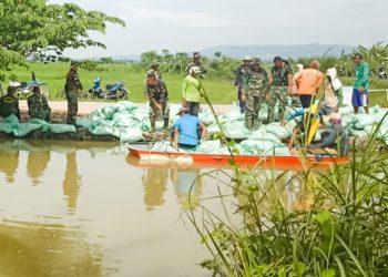 Babinsa Kodim Bojonegoro bersama warga bahu membahu memperbaiki tanggul jebol.