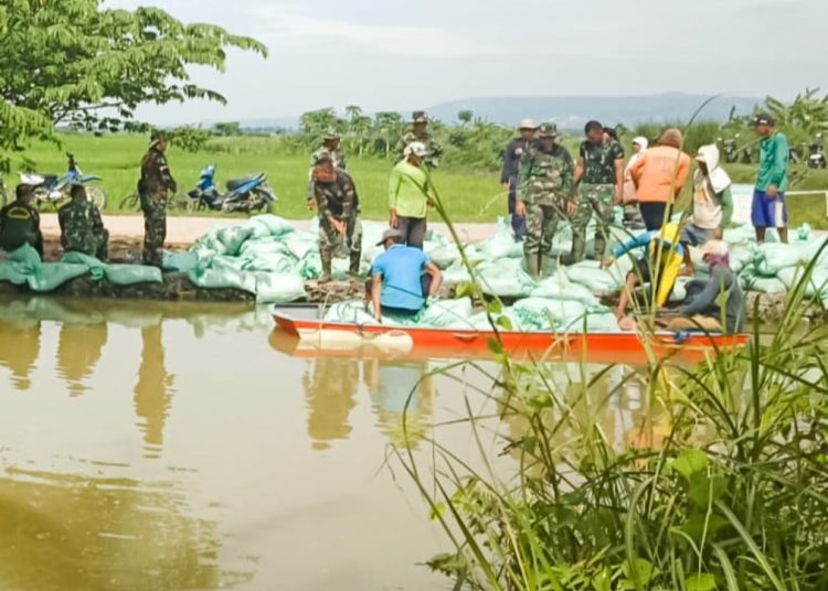 Babinsa Kodim Bojonegoro bersama warga bahu membahu memperbaiki tanggul jebol.