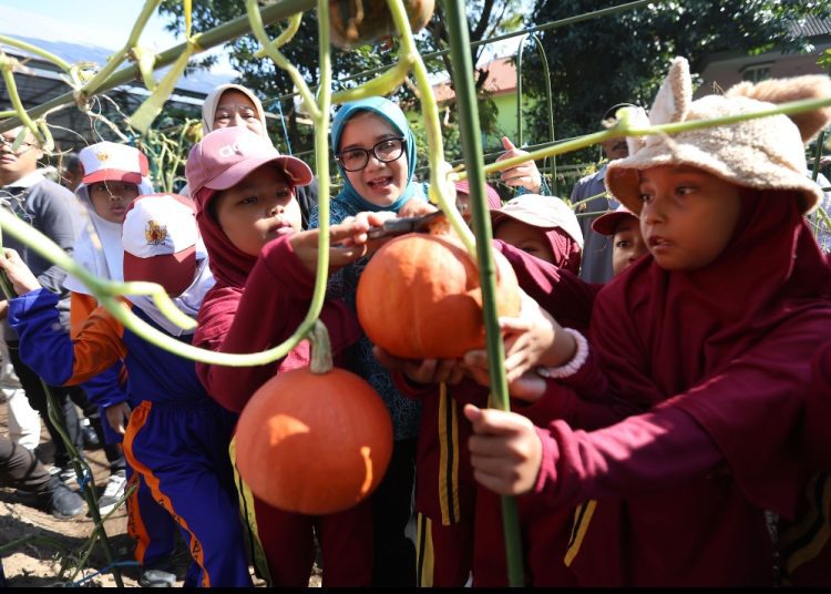 Dalam rangka Hari Anak Nasional, anak-anak diajak panen di mini agrowisata Surabaya