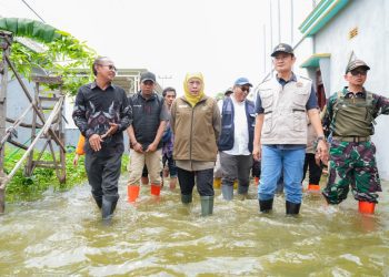 Gubernur Jawa Timur Khofifah Indar Parawansa meninjau dampak banjir dan Salurkan Bantuan di Desa Laladan, Kecamatan Deket, Kabupaten Lamongan.