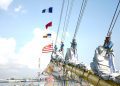Pelepasam KRI Bima Suci setelah sandar selama tiga hari di Changi Naval Base, Singapura.
