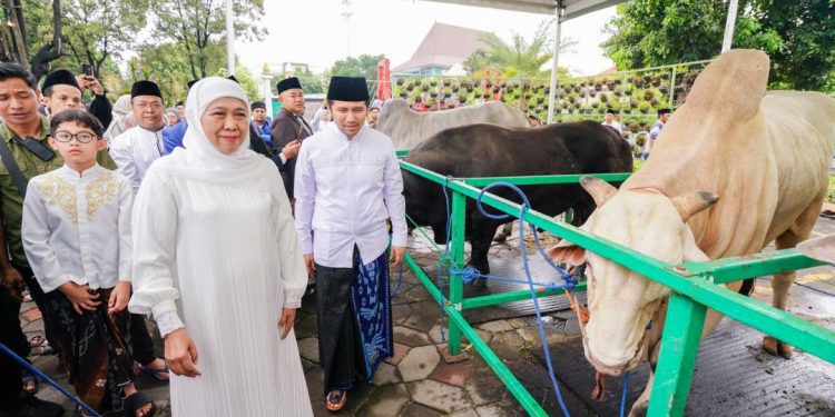 Gubernur Jawa Timur Khofifah Indar Parawansa dan Wakil Gubernur Jawa Timur Emil Elestianto Dardak di sela melaksanakan Salat Idul Adha di Masjid Nasional Al Akbar Surabaya.